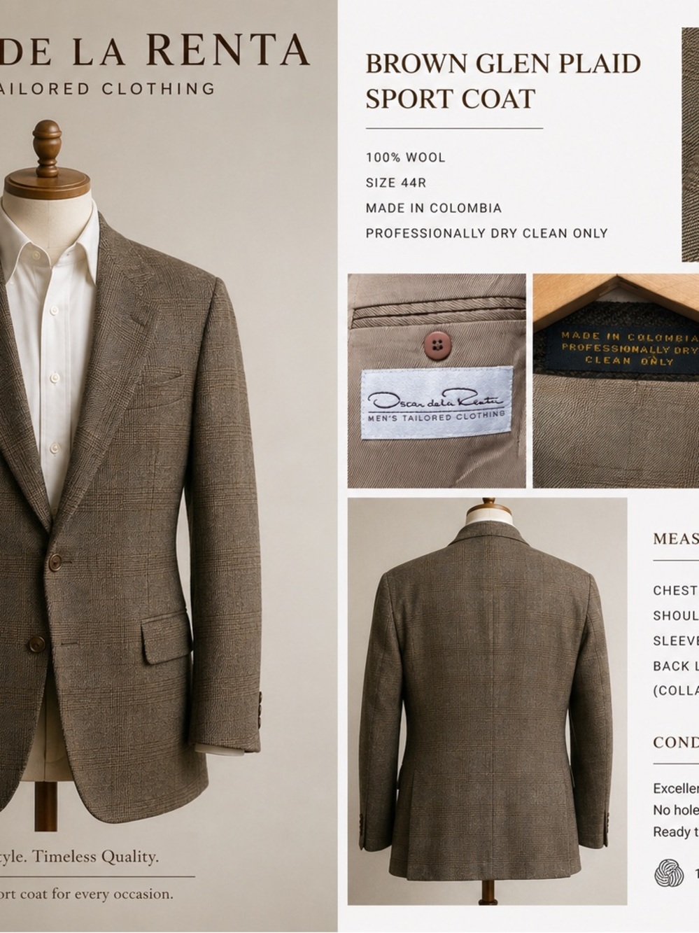 Vintage Oscar de la Renta 100% Wool Brown Glen Plaid Sport Coat Tailored Blazer
